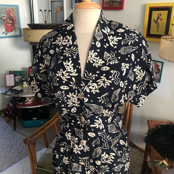SOLD Vintage 1940s Style Dress Shell Novelty Print Blue M L PinUp Rockabilly - Picture 4 of 7